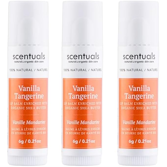 Scentuals LIP BALM VANILLA TANGERINE SET OF 3, MADE WITH SHEA BUTTER, COCOA BUTTER, AVOCADO & JOJOBA OIL, BEESWAX, VITAMIN E AND ESSENTIAL OIL, MOISTURIZING LIP CARE, CRUELTY FREE HYDRATION, NATURAL (3 PACK) - Image 1